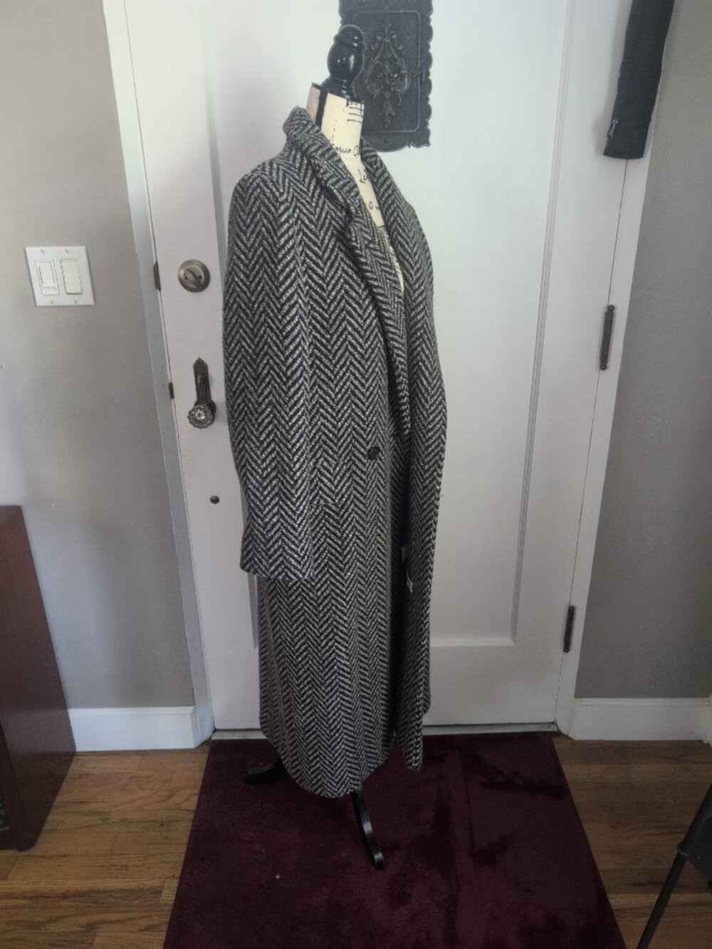 Retro Oversized Double Breasted Chevron Coat 100% Wool Sz 8 - Picture 8 of 13